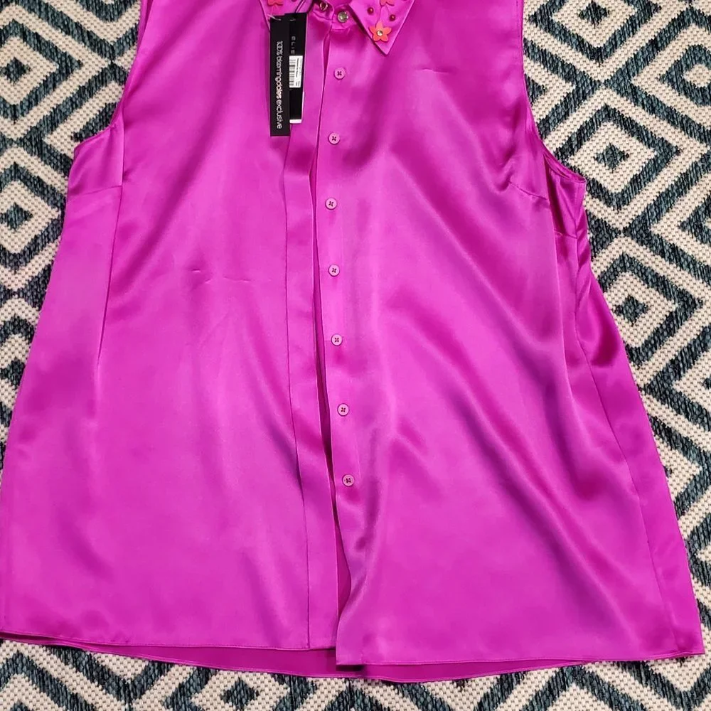 Elie Tahari Fuchsia 100% Silk Blouse with Beaded Floral Collar - Picture 7 of 7